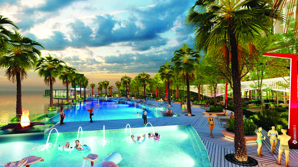Artist impression of the infinity pool and feature pavilion at Lexis Hibiscus 2